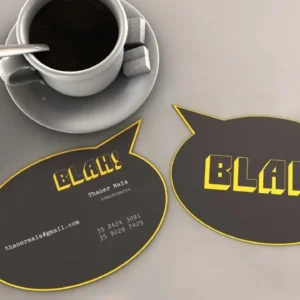 cartão de visitas da primeira proposta visual da blah propaganda que viria a adotar o slogan blah! ideias que funcionam. cartão de visitas premium laminação fosca e verniz local frente e verso com faca especial personalizada
