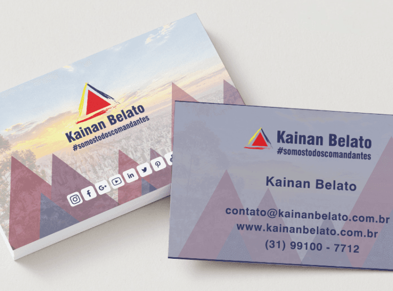 frente e verso cartão de visitas ilustrativo com laminação fosca e verniz local gráfica blah - branding kainan belato