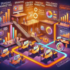 Uma ilustração artística e visualmente coesa representando o fluxo de trabalho de uma agência de publicidade moderna, destacando o processo de consultoria estratégica de growth. A imagem apresenta estágios interconectados como branding, marketing orientado por dados, criação de conteúdo e análise de desempenho, em um ambiente de escritório estilizado com cores vibrantes, tons quentes de laranja e roxo, e elementos de gráficos e estratégias digitais.