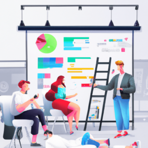 illustration of business meeting in most variable situations in a advertising agency and it´s routine, modern design, for the web, cute, happy, 4k, high resolution, trending in artstation