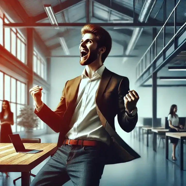 dall·e 2024 11 11 20.16.56 an expressive image depicting an excited advertising professional in a creative agency setting, celebrating a moment of inspiration. the scene capture