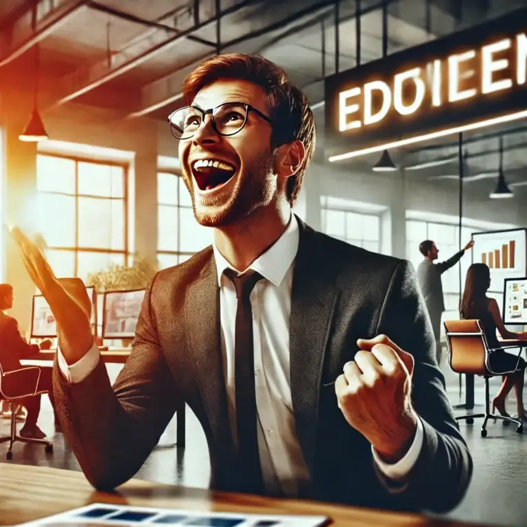 dall·e 2024 11 11 20.18.17 an expressive image depicting an excited advertising professional in a creative agency setting, celebrating a moment of inspiration. the scene capture