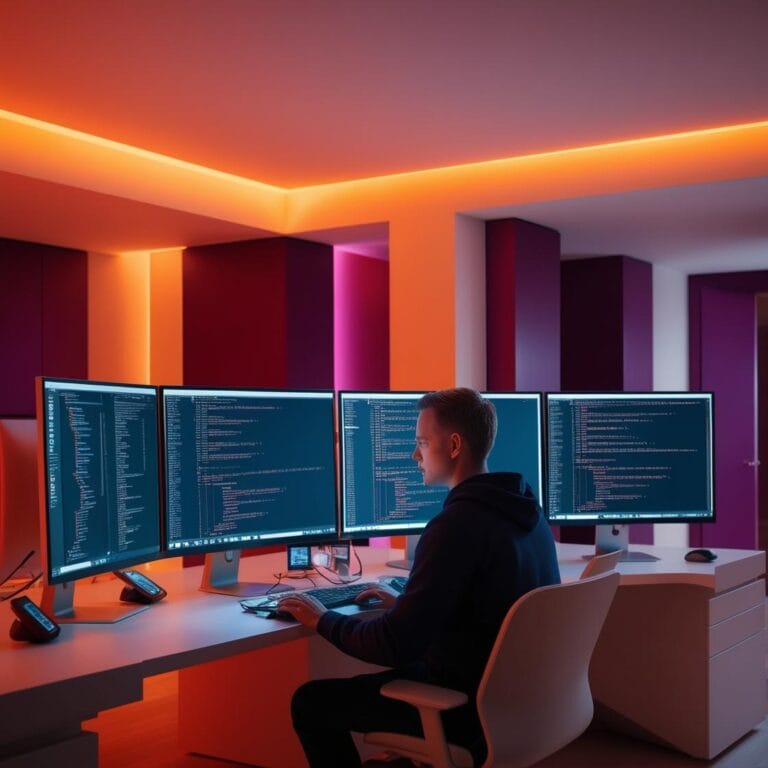 uma imagem de um programador desenvolvendo um software no mais moderno home office tecnológico em uma imagem cinematográfica. tonalidade laranja em contraposição com roxo mais escurecidos.