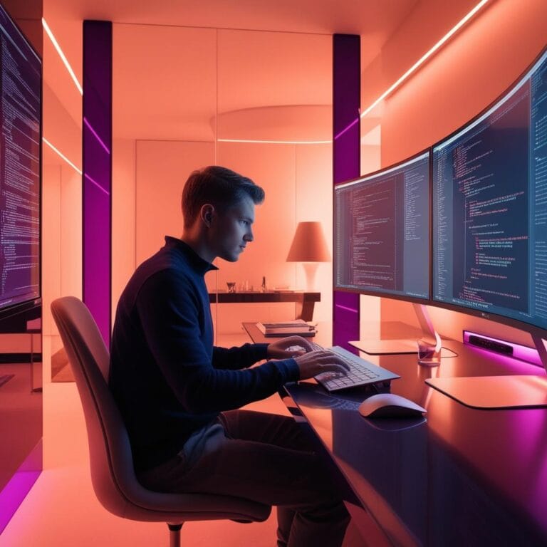 uma imagem de um programador desenvolvendo um software no mais moderno home office tecnológico em uma imagem cinematográfica. tonalidade laranja em contraposição com roxo mais escurecidos. (1)
