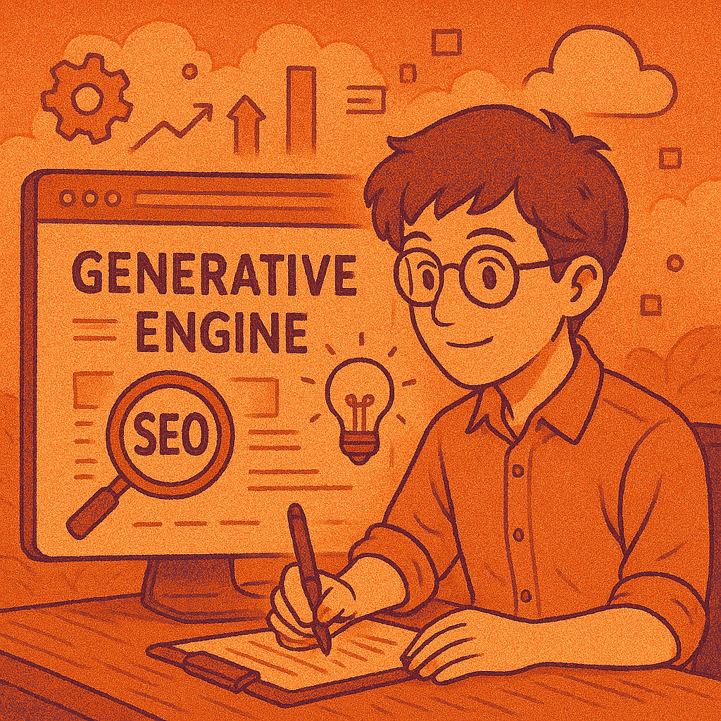 ilustração de empreendedor fazendo planejamento estratégico de marketing para startup utilizando um monitor e blog em estilo ghiblis