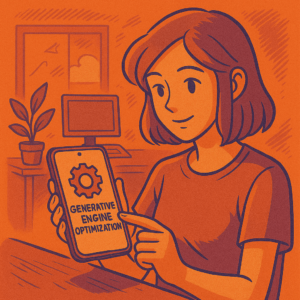 imagem sobre generative engine optimization no estilo est&uacute;dio ghibli mostrando uma garota utlizando um seo com a legenda generative engine optimization