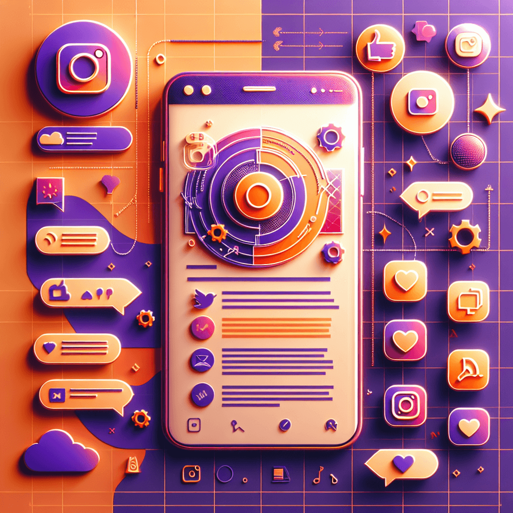 Ilustração mostrando diversos ícones e ferramentas do Instagram, como Stories, Reels, hashtags e mensagens diretas