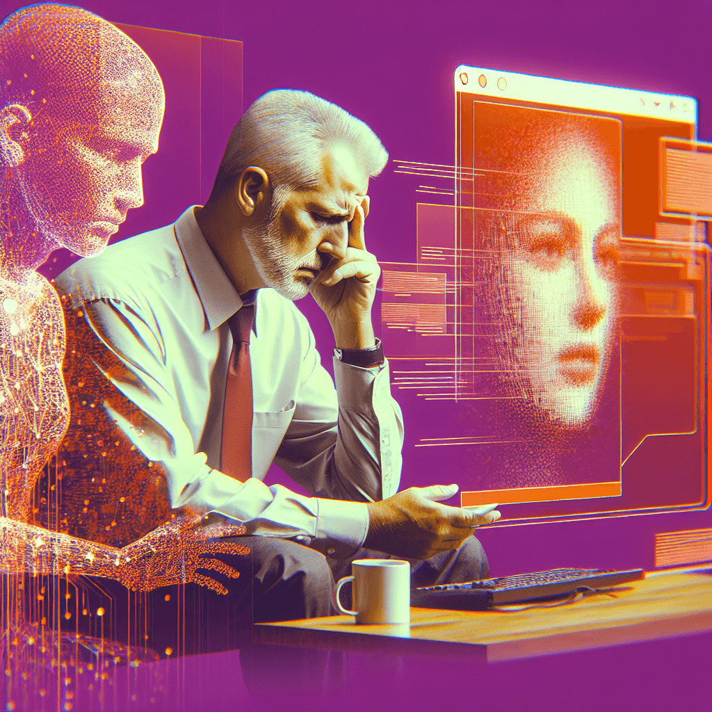 Homem triste segurando um celular enquanto conversa com uma figura feminina virtual gerada por inteligência artificial