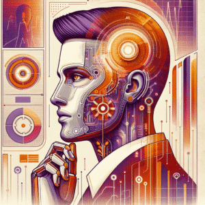 Ilustração de um robô trabalhando em um escritório moderno