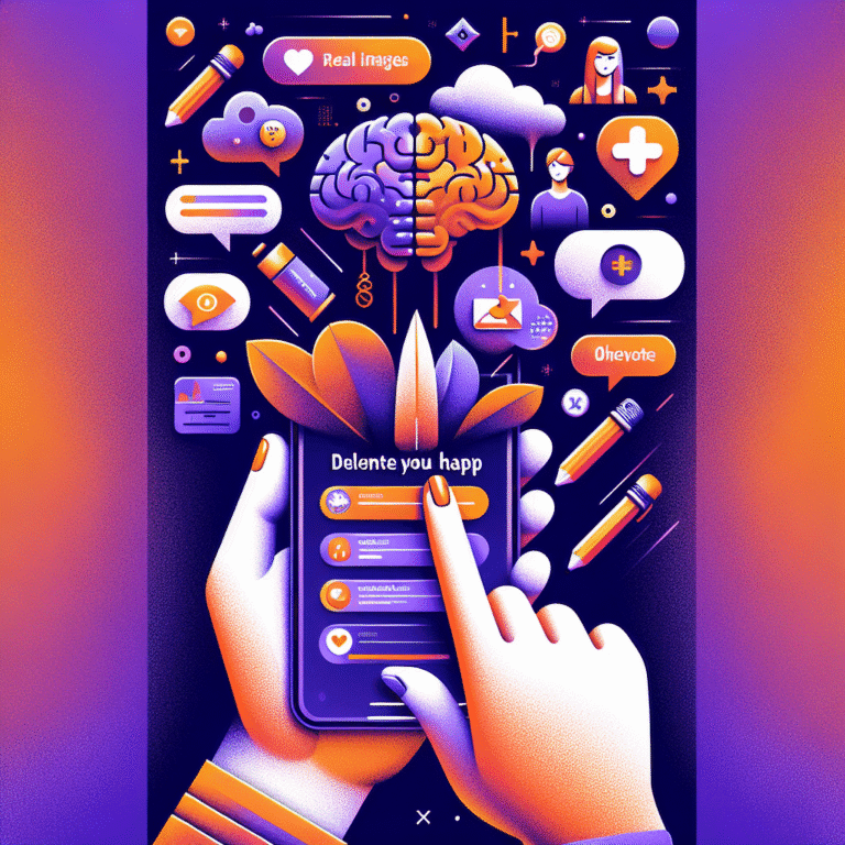 Imagem ilustrativa mostrando uma pessoa apagando um aplicativo em um smartphone, com um design moderno e profissional em tons de roxo e laranja.