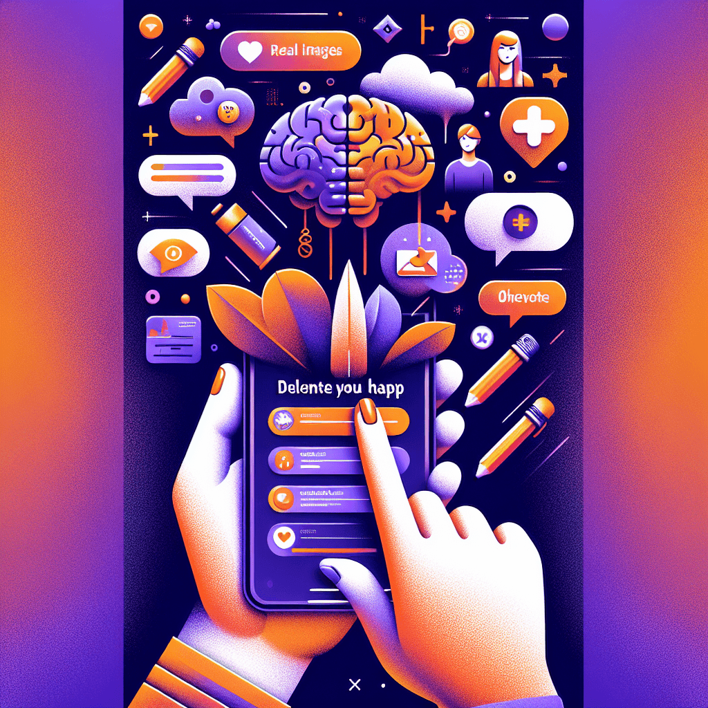 Imagem ilustrativa mostrando uma pessoa apagando um aplicativo em um smartphone, com um design moderno e profissional em tons de roxo e laranja.